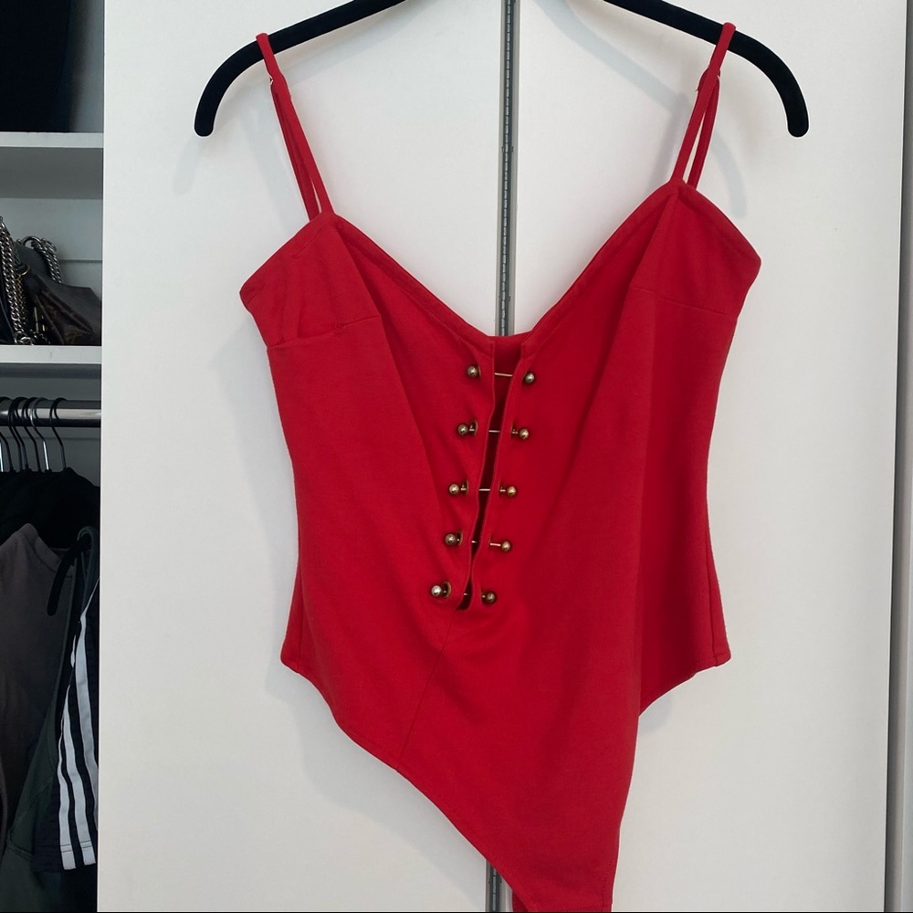 h:ours Red Bodysuit with Gold Button Detail